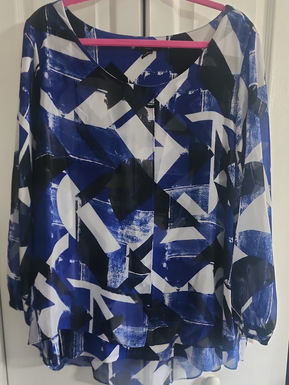 Alfani Blue White Black Abstract-Print Sheer Overlay Long-Sleeve Blouse